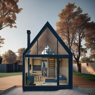 迅速に設置された2階建てのプリファブ別荘 Aフレームデザインと,電熱鋼管から作られた三角形コンテナ